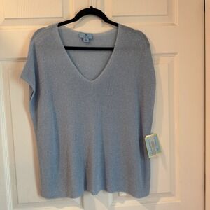 NEW CeCe Womens Light Blue Metallic V-Neck Knit Sweater Vest Top Size XL